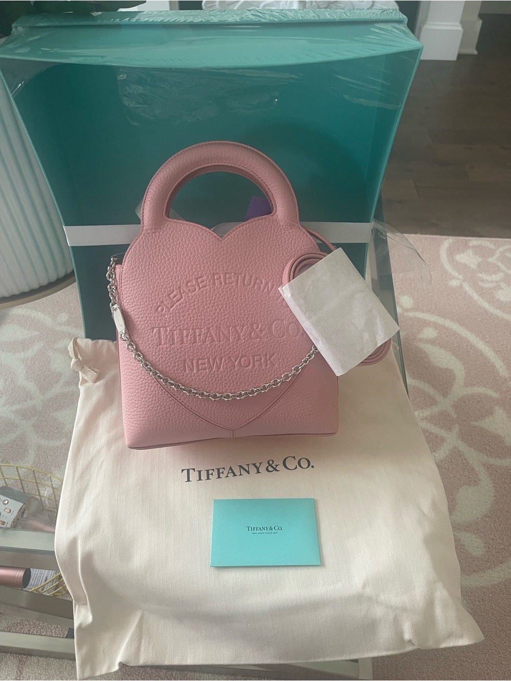 Tiffany & Co. Pink Pebbled Leather Heart-Top Handle Small Bag with Silver Chain
